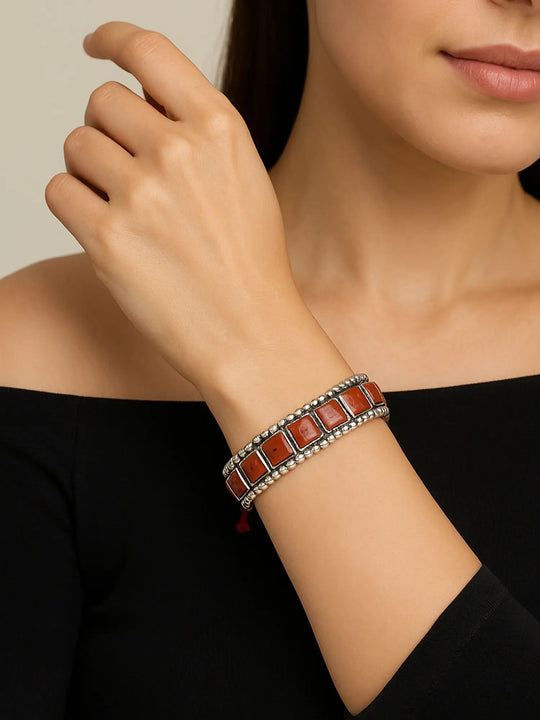Square Cut Coral Sterling Silver Bracelet