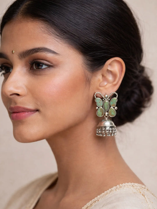 Tibetan Turquoise Butterfly Sterling Silver Jhumka Earrings