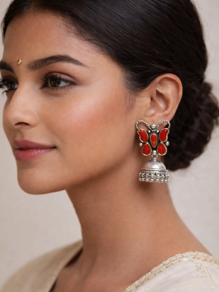 Coral and Butterfly Sterling Silver Jhumka Earrings