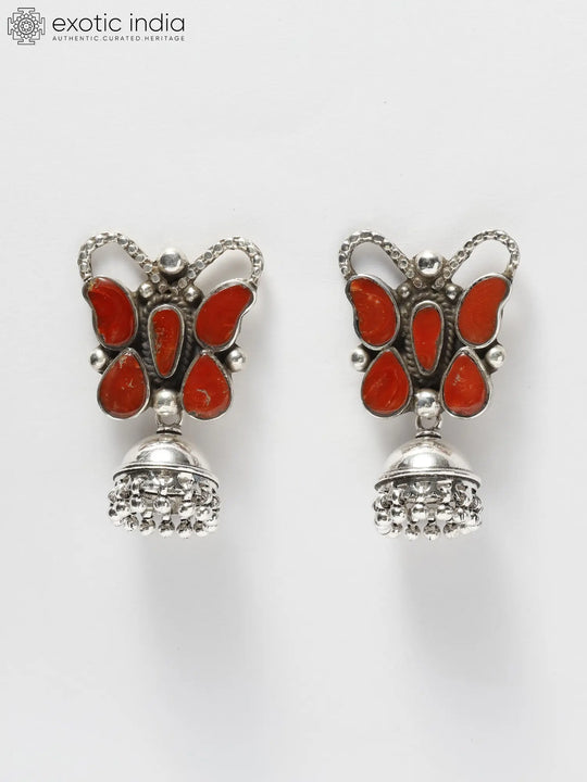 Coral and Butterfly Sterling Silver Jhumka Earrings
