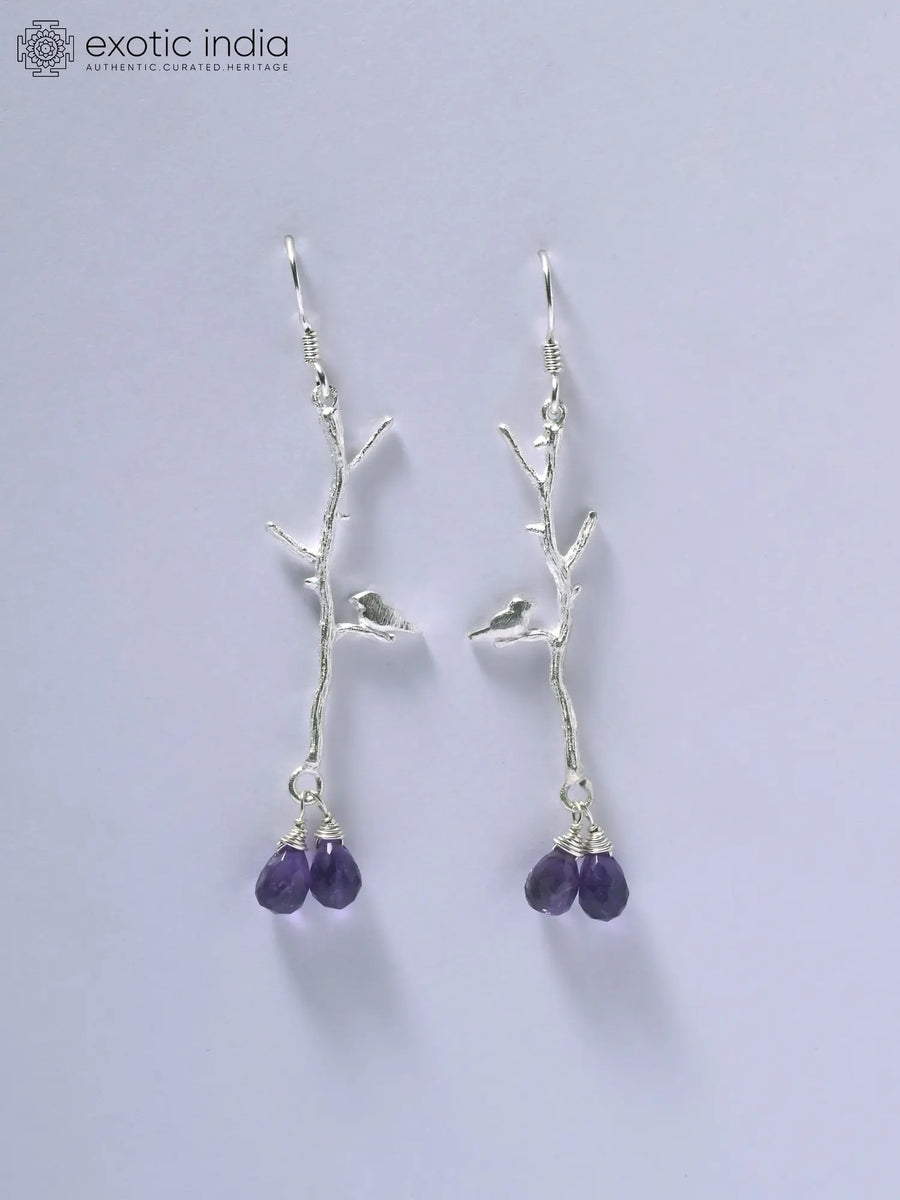 Bird on Branch Sterling Silver Earrings with Faceted Gemstone