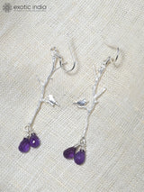 Bird on Branch Sterling Silver Earrings with Faceted Gemstone