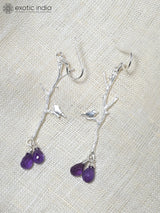 Bird on Branch Sterling Silver Earrings with Faceted Gemstone