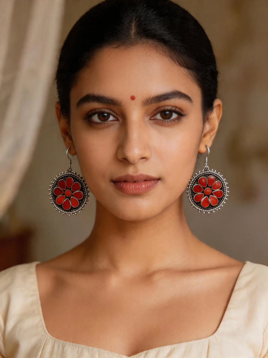 Coral Gemstone Sterling Silver Hook Earrings