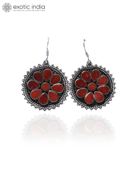 Coral Gemstone Sterling Silver Hook Earrings