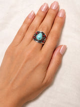 Turquoise and Coral Gemstone Adjustable Sterling Silver Ring