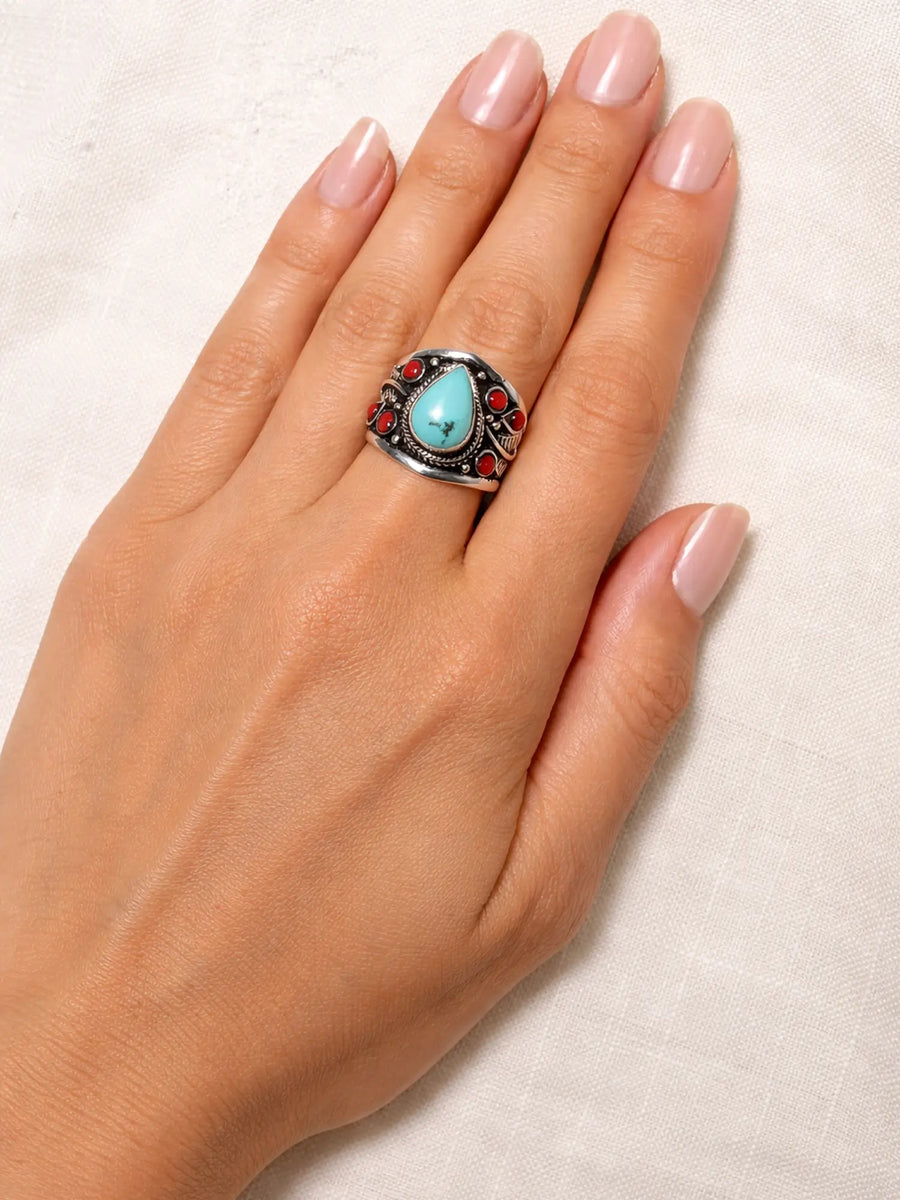 Turquoise and Coral Gemstone Adjustable Sterling Silver Ring