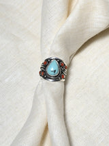 Turquoise and Coral Gemstone Adjustable Sterling Silver Ring