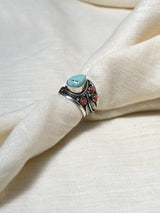 Turquoise and Coral Gemstone Adjustable Sterling Silver Ring