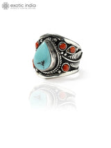 Turquoise and Coral Gemstone Adjustable Sterling Silver Ring