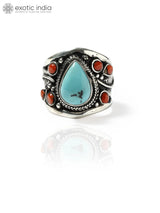 Turquoise and Coral Gemstone Adjustable Sterling Silver Ring