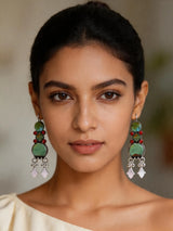 Tibetan Turquoise and Coral Geometric Sterling Silver Earrings