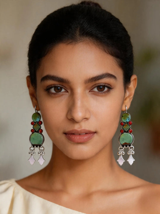 Tibetan Turquoise and Coral Geometric Sterling Silver Earrings