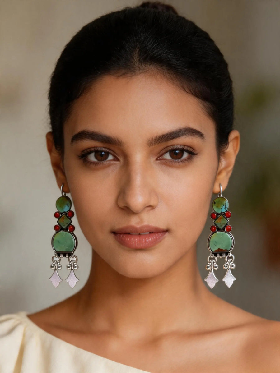 Tibetan Turquoise and Coral Geometric Sterling Silver Earrings