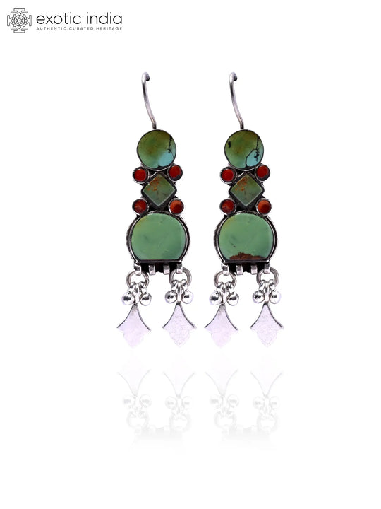 Tibetan Turquoise and Coral Geometric Sterling Silver Earrings