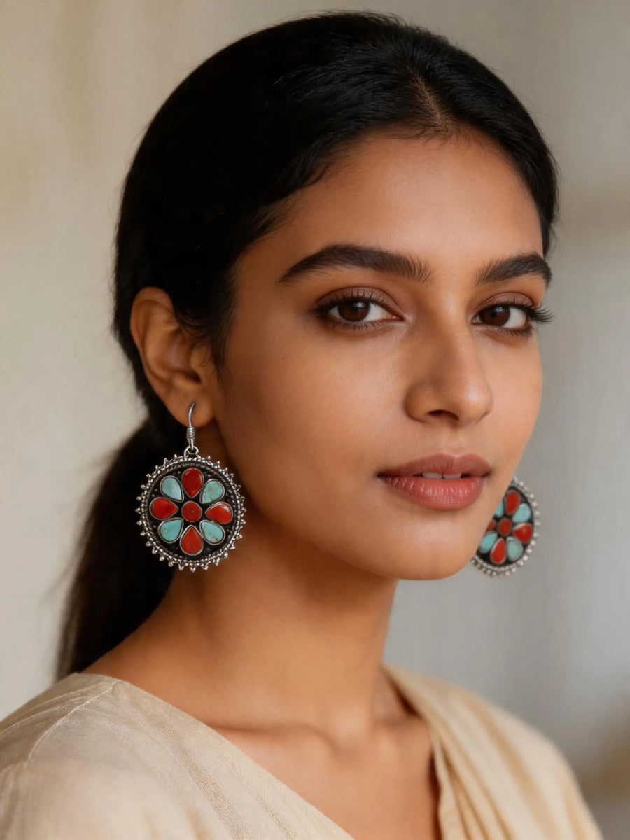 Coral and Tibetan Turquoise Floral Sterling Silver Earrings