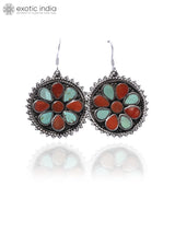 Coral and Tibetan Turquoise Floral Sterling Silver Earrings