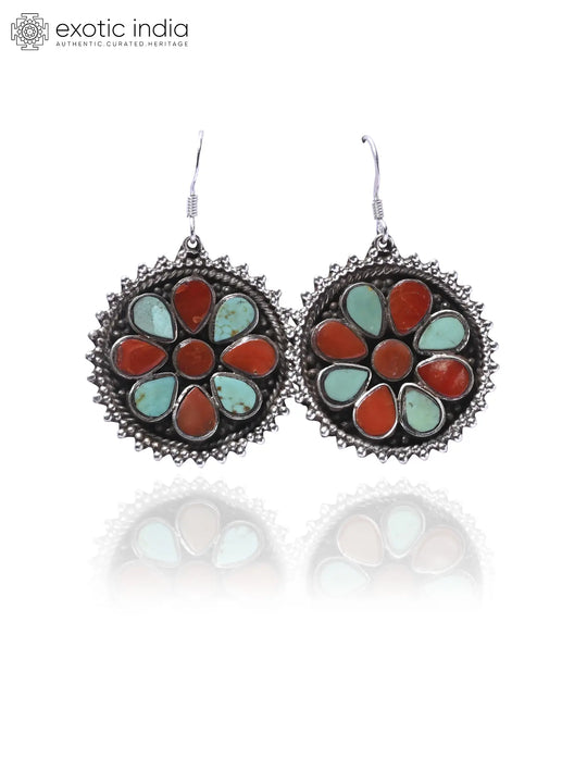 Coral and Tibetan Turquoise Floral Sterling Silver Earrings