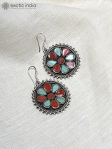 Coral and Tibetan Turquoise Floral Sterling Silver Earrings