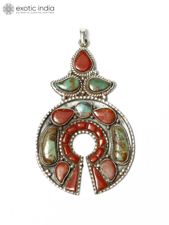 Royston Turquoise and Coral Sterling Silver Pendant