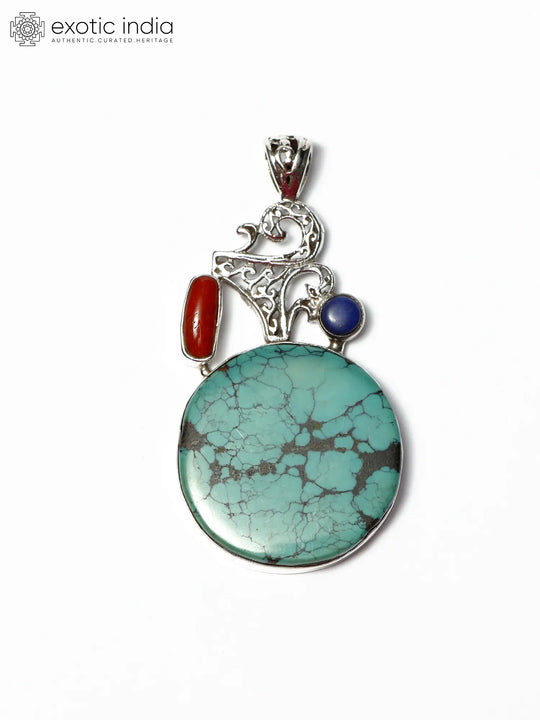 Turquoise Coral and Lapis Lazuli Sterling Silver Pendant