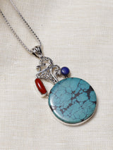 Turquoise Coral and Lapis Lazuli Sterling Silver Pendant