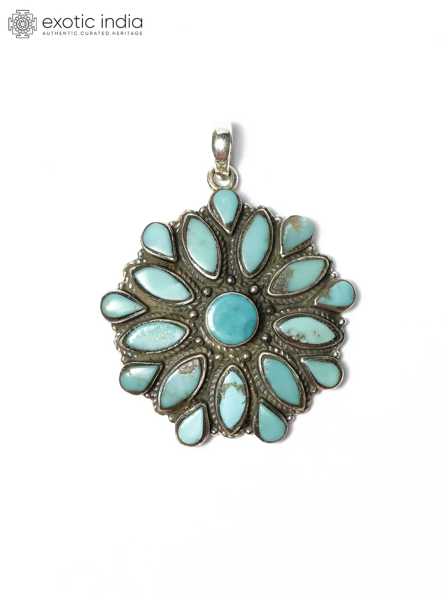 Floral Persian Turquoise Sterling Silver Pendant