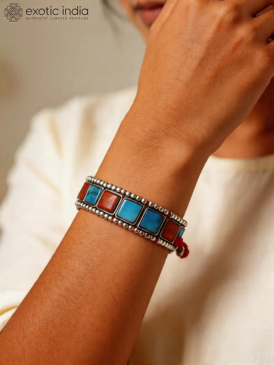 Square Cut Turquoise and Coral Sterling Silver Bracelet
