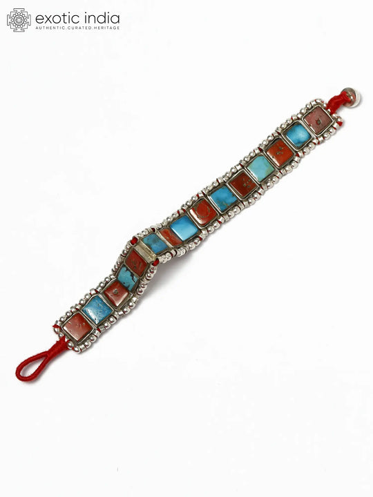 Square Cut Turquoise and Coral Sterling Silver Bracelet