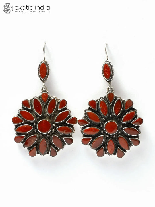 Floral Coral Stone Sterling Silver Earrings