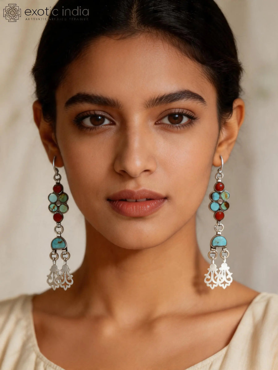 Coral and Royston Turquoise Sterling Silver Dangle Earrings
