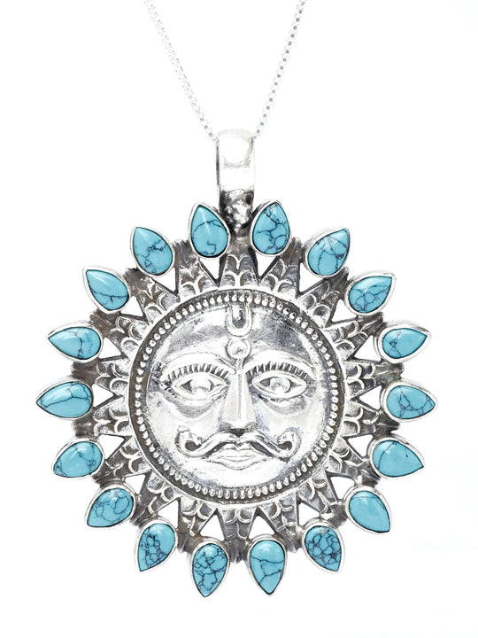 Lord Surya Sterling Silver Pendant with Tibetan Turquoise
