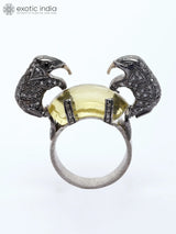Yellow Chalcedony and Diamond Elephant Sterling Silver Ring