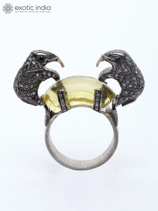 Yellow Chalcedony and Diamond Elephant Sterling Silver Ring
