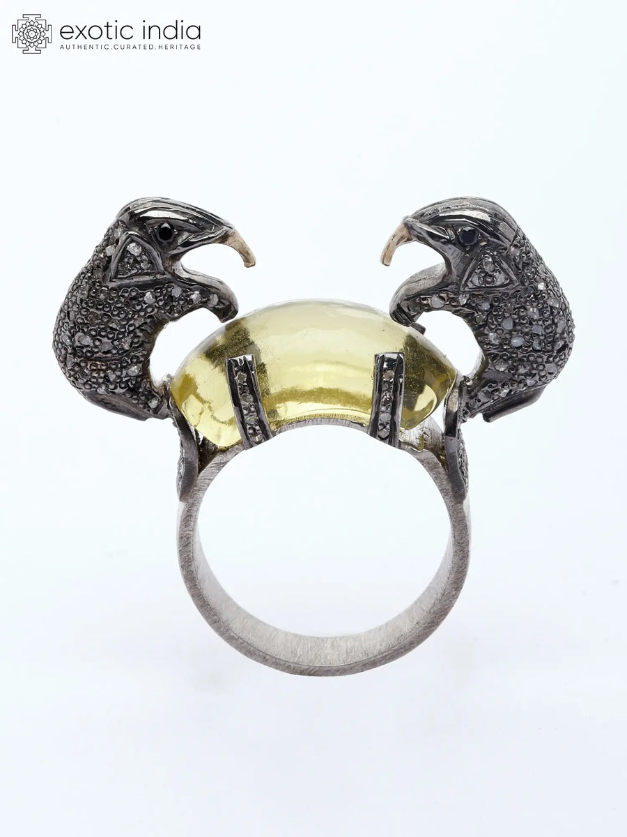 Yellow Chalcedony and Diamond Elephant Sterling Silver Ring