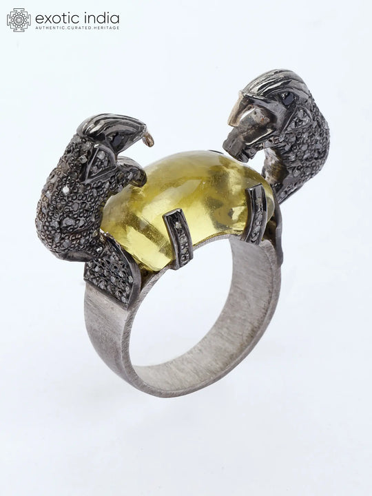 Yellow Chalcedony and Diamond Elephant Sterling Silver Ring