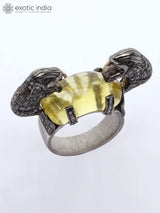Yellow Chalcedony and Diamond Elephant Sterling Silver Ring
