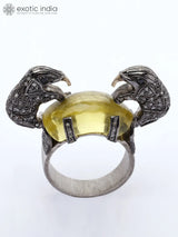 Yellow Chalcedony and Diamond Elephant Sterling Silver Ring