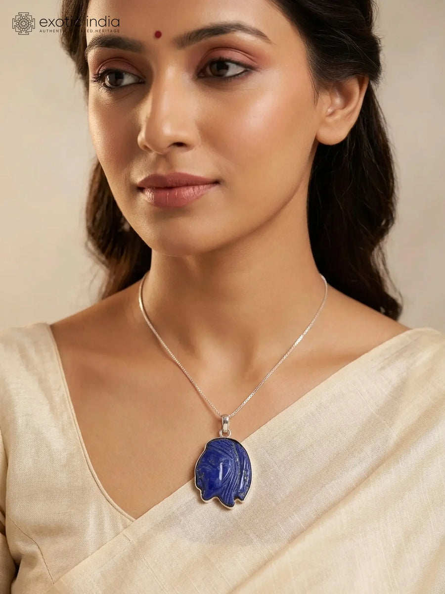 Carved Lapis Lazuli Lord Hanuman Sterling Silver Pendant