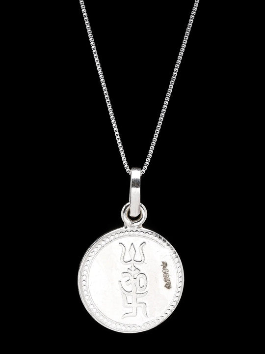 Trishul Swastika Om and Yantra Reverse 999 Silver Pendant