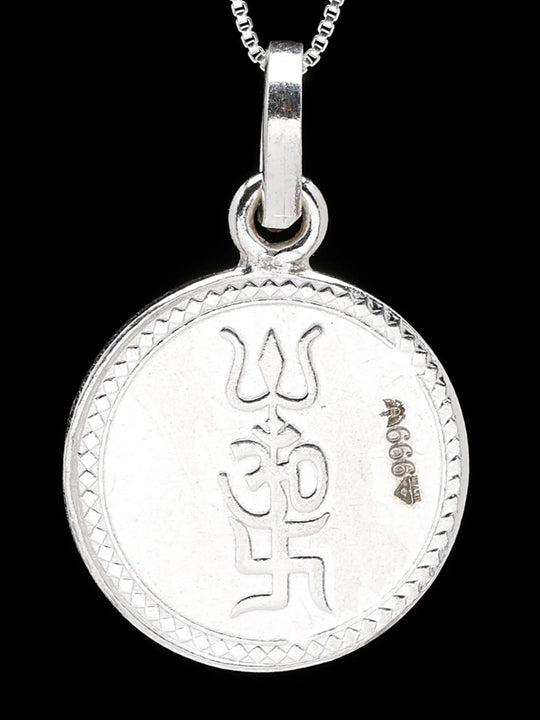 Trishul Swastika Om and Yantra Reverse 999 Silver Pendant