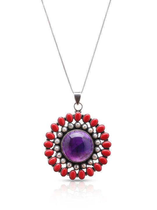 Coral, Pearl and Amethyst Floral Sterling Silver Pendant