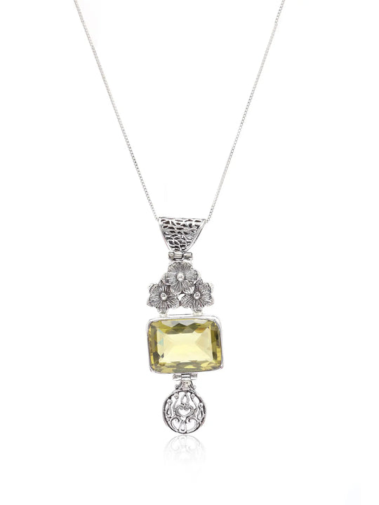 Lemon Quartz Floral Sterling Silver Pendant
