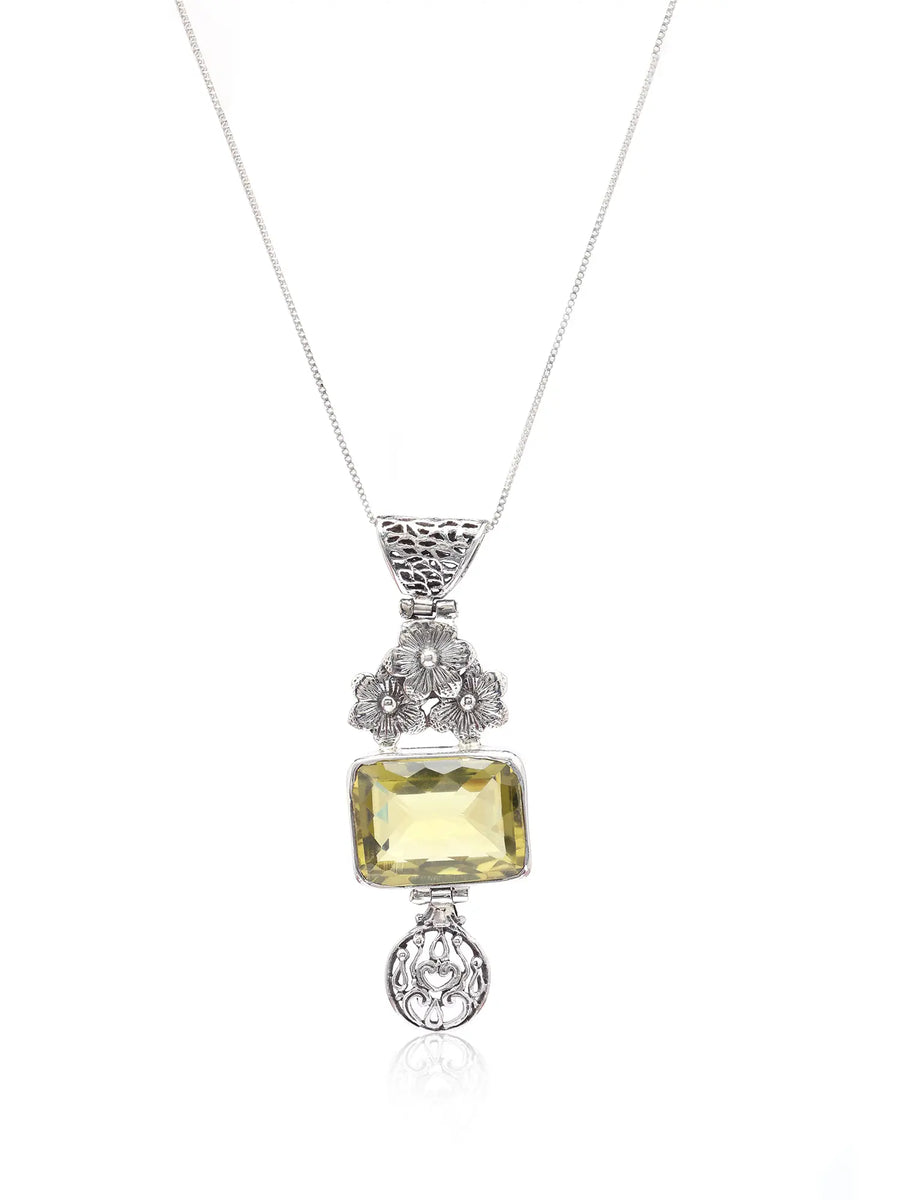 Lemon Quartz Floral Sterling Silver Pendant