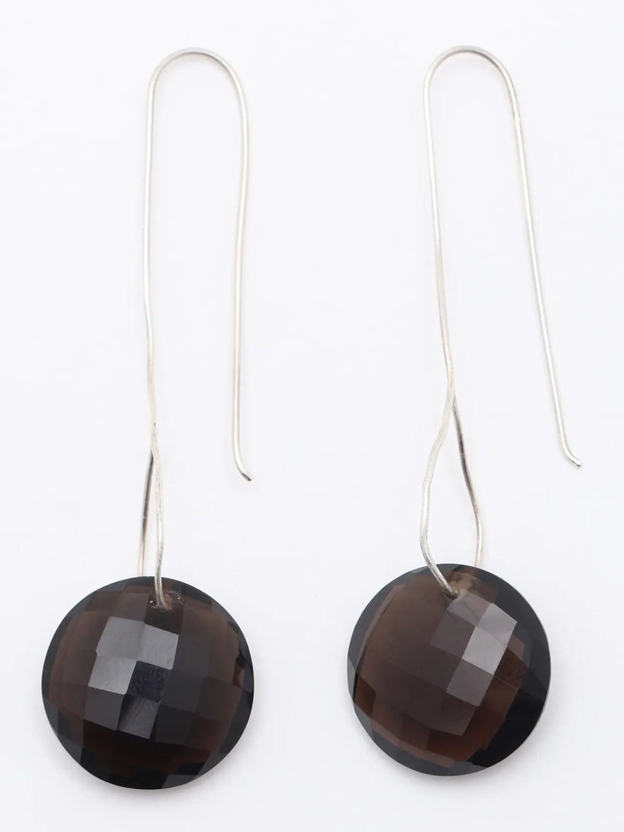 Faceted Smoky Quartz Sterling Silver Long Hook Earrings