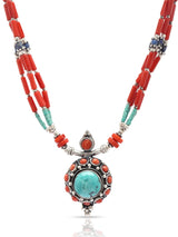 Turquoise, Lapis Lazuli and Coral Sterling Silver Necklace