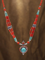 Turquoise, Lapis Lazuli and Coral Sterling Silver Necklace