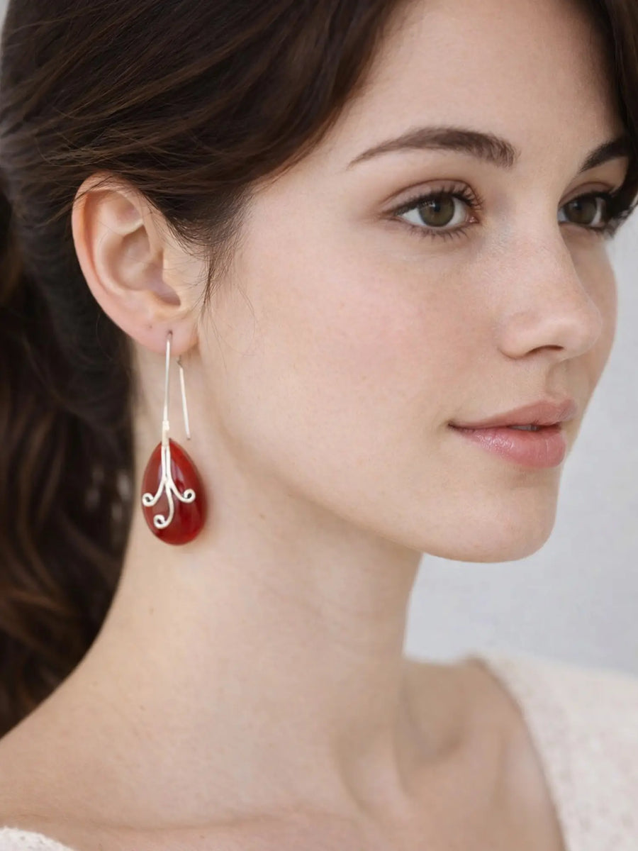 Coral Teardrop Sterling Silver Long Wire Drop Earrings