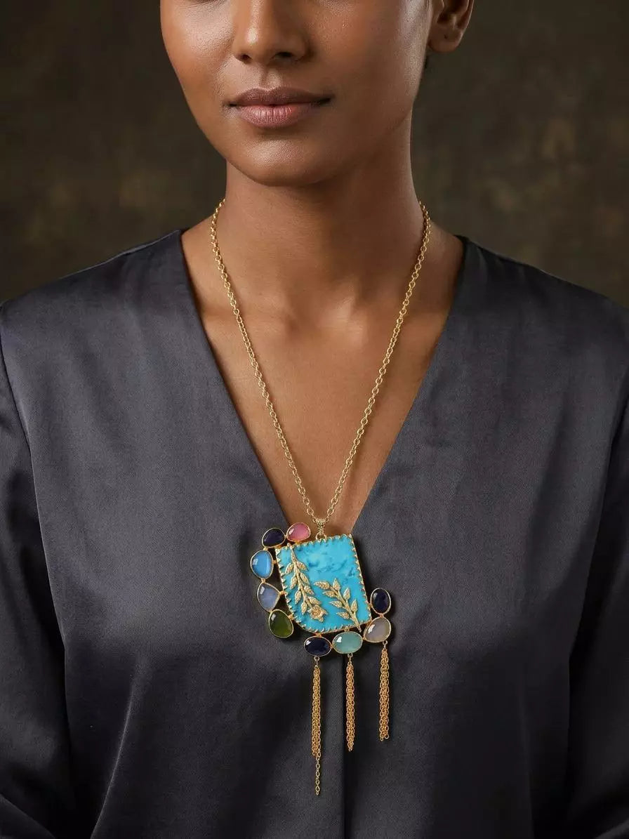Leaf Vine and Turquoise Glass Stone Iron Brass Necklace