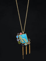 Leaf Vine and Turquoise Glass Stone Iron Brass Necklace